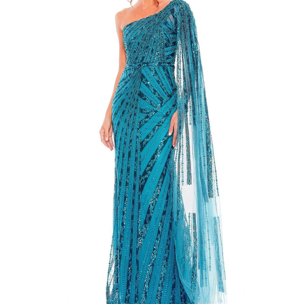 Mac Duggal Ocean Blue Sequin Cape Sleeve One-Shoulder Gown